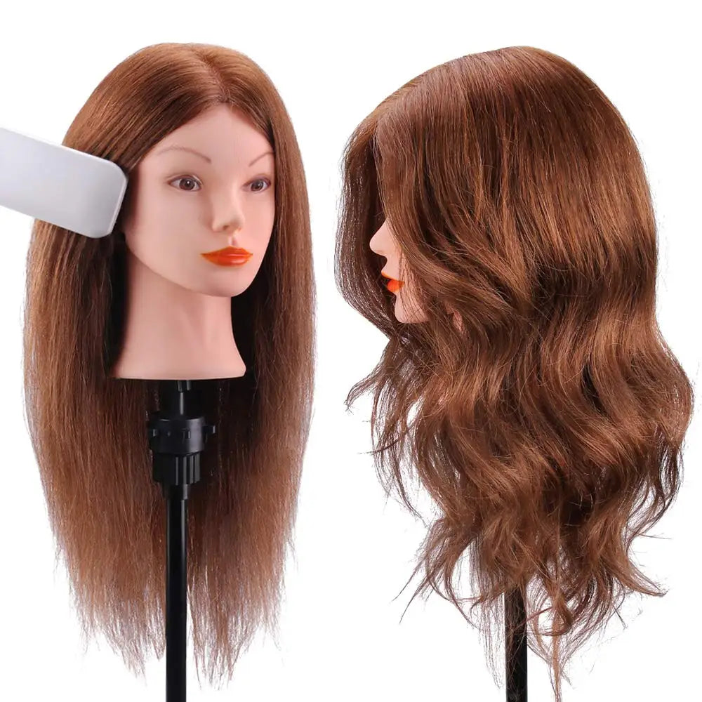 100%Real Hair Doll Head For Curling Straightening Dyeing Braiding Hairdressing Dark Brown Mannequin Head Training Head Kit 2028