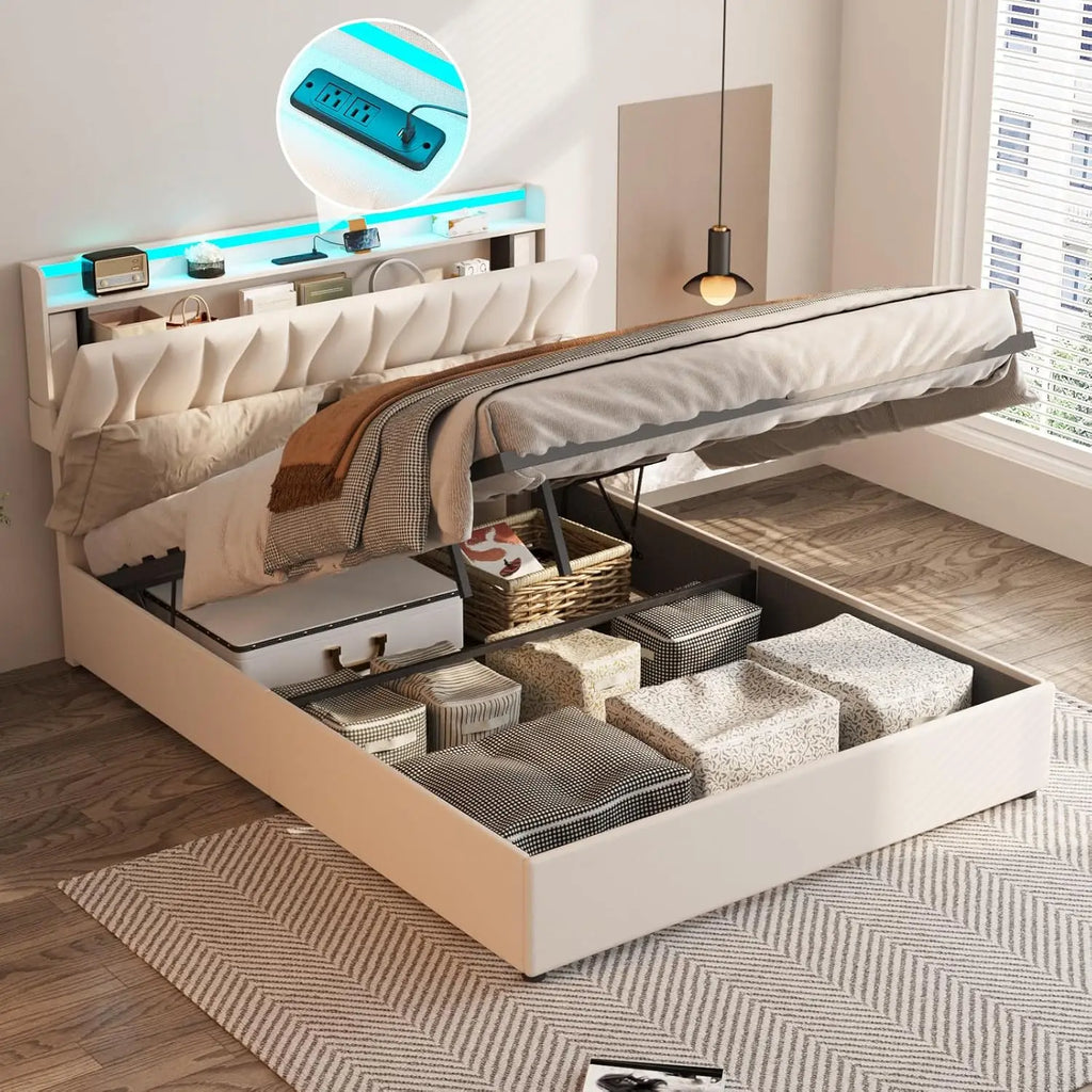 Queen Size Lift-Up Storage Bed Frame with Adjustable Headboard, Charging Station, LED Lights, and Noise-Free Design