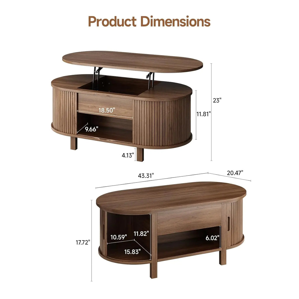 43.3" Oval Lift Top Coffee Table with Hidden Compartment, Fluted Wood Coffee Table with Sliding Door,Customized