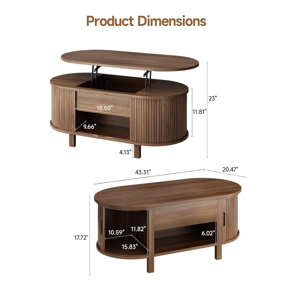 43.3" Oval Lift Top Coffee Table with Hidden Compartment, Fluted Wood Coffee Table with Sliding Door,Customized
