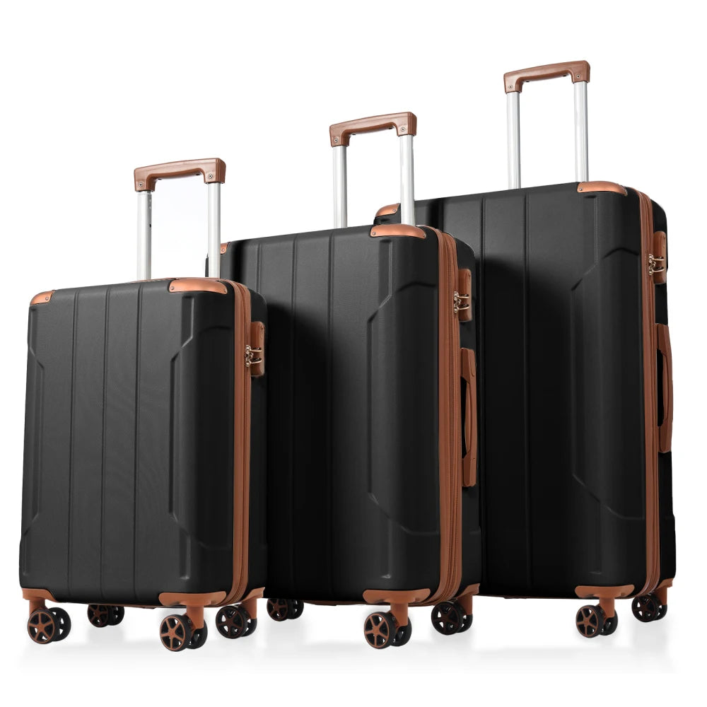 3pcs ABS Hard Shell Luggage Set 20/24/28 Inch Lightweight Durable Suitcase Double 360° Spinner Wheels Travel Trolley in Black
