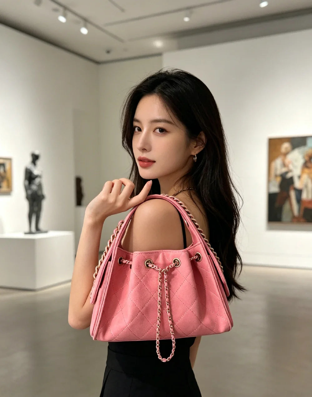 Sweet Pink Leather Drawstring Bucket Bag for Women Fashion Hobo Shoulder Bag with Chain Strap for Date and Daily Outing