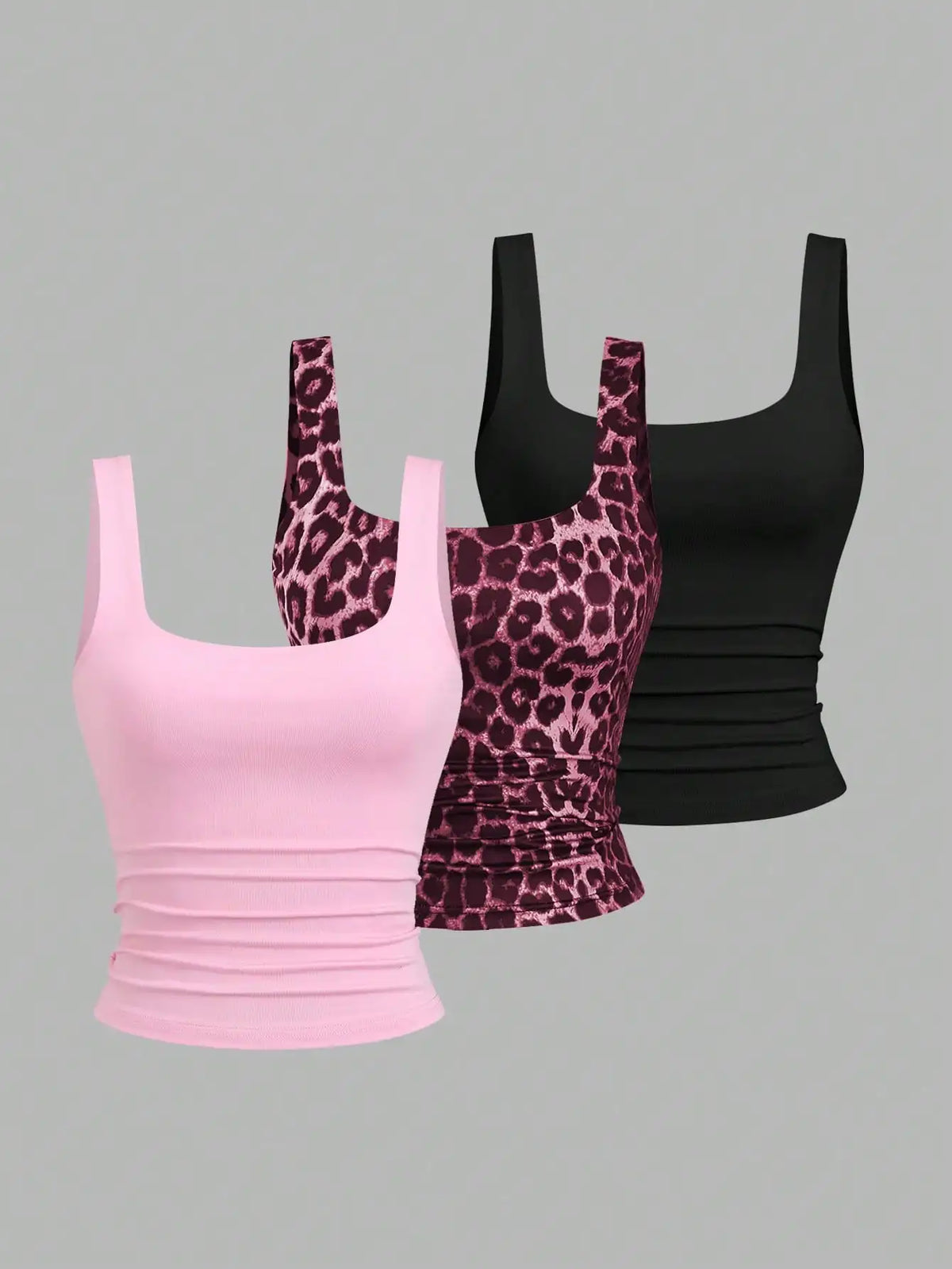 Women's Ruched Square Neck Tank Top Set, Casual Summer Floral & Solid Colors