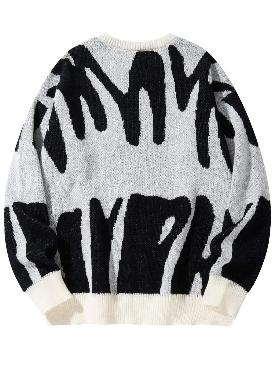 Men's Oversized Graphic Knit Sweater with Bold Black Pattern, Fall Winter Casual Wear