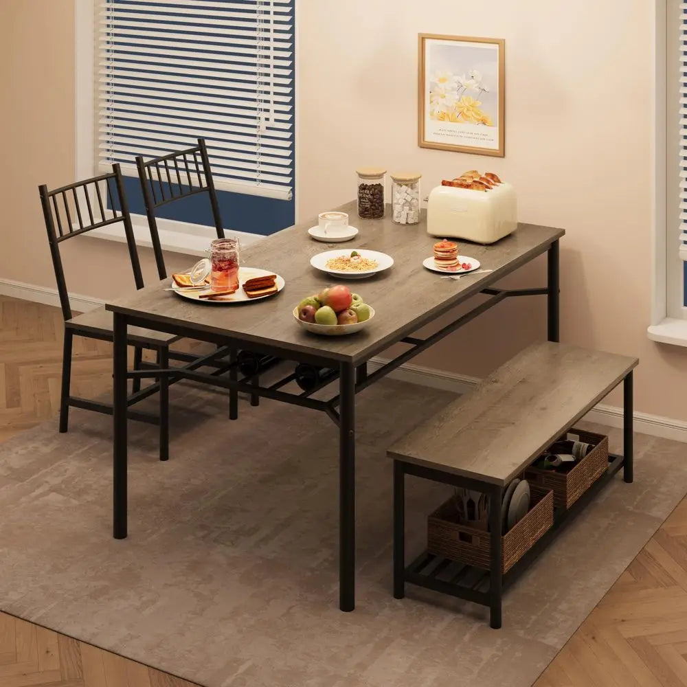 Dining Table Set for 4 with Bench and Chairs, 4Piece Kitchen Table Set with Storage SpaceSaving Dining Table for Apartments and