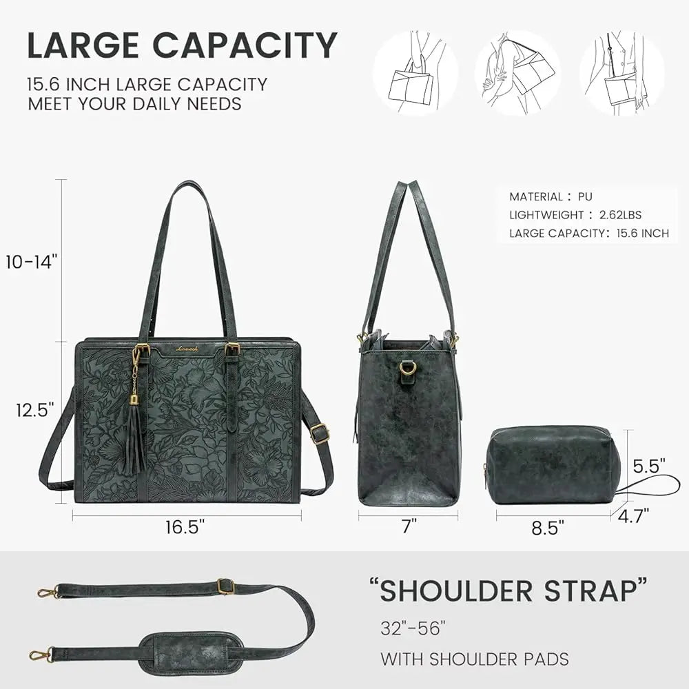 Laptop Bag for Women Vintage Leather Work Tote 15.6 inch Large Capacity Computer Bag with Clutch Purse for Teacher,Office,Ca