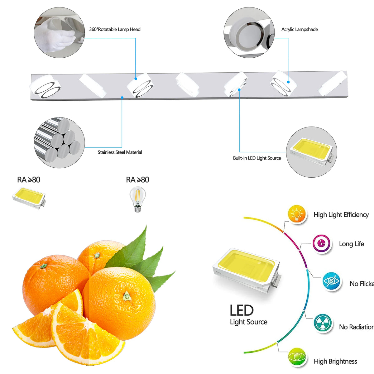 7-light Modern silver LED dressing area lighting fixture with acrylic lampshade - energy-saving bathroom wall light with adjusta