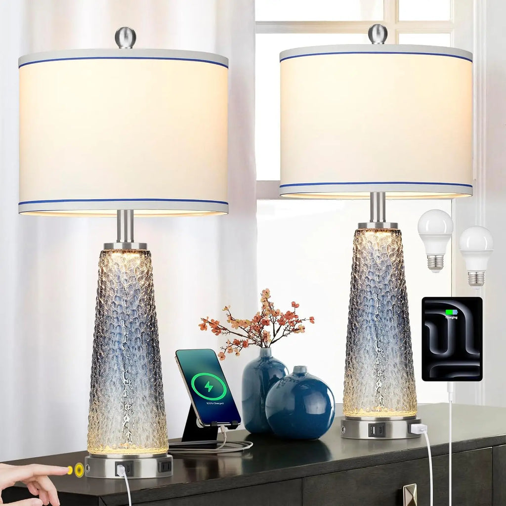 26" Coastal Glass Table Lamp with USB Ports & AC Outlet, Touch Control Night Light for Living Room or Bedside