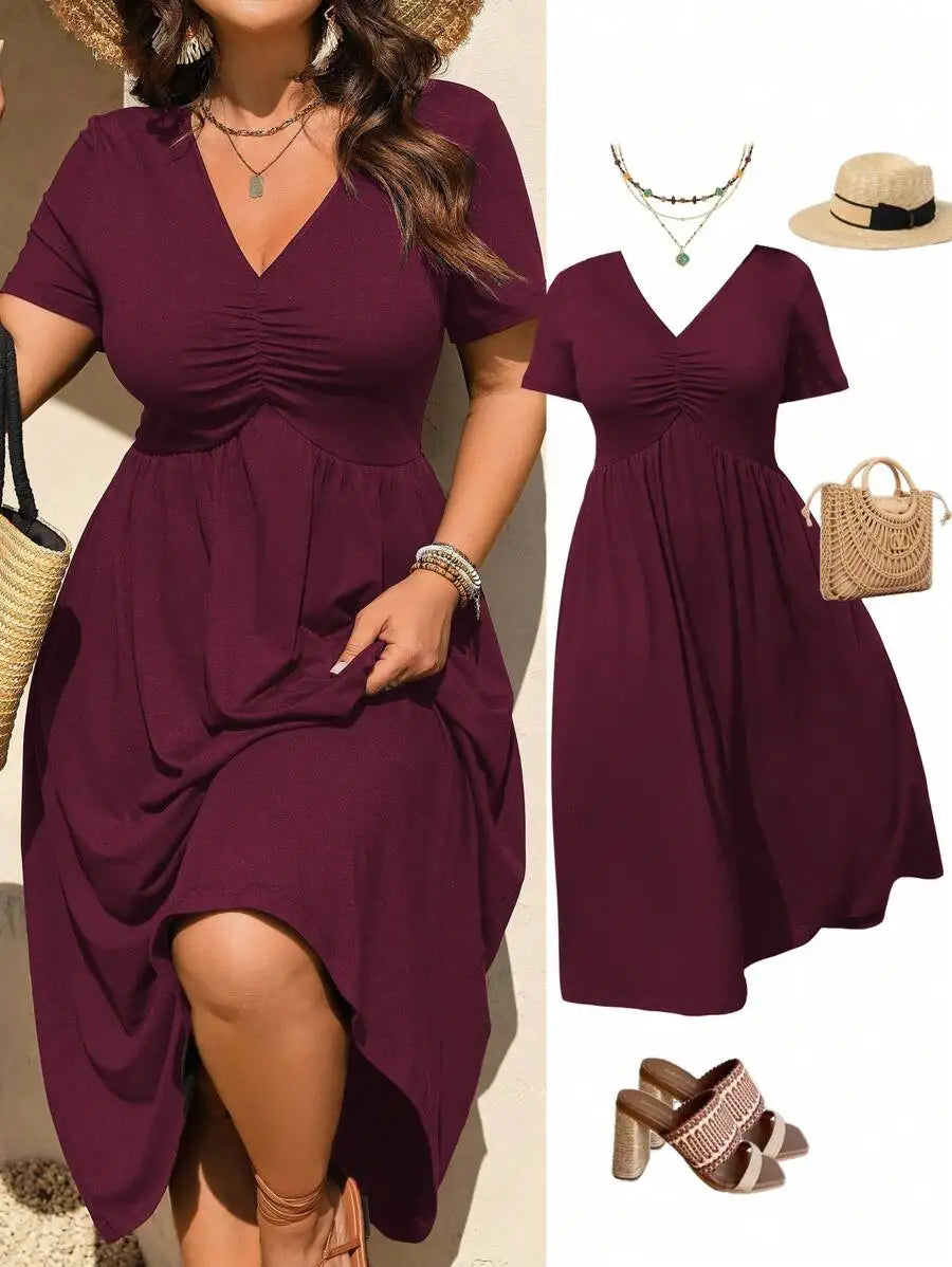 Black V-Neck Ruched Short Sleeve A-Line Midi Dress for Women