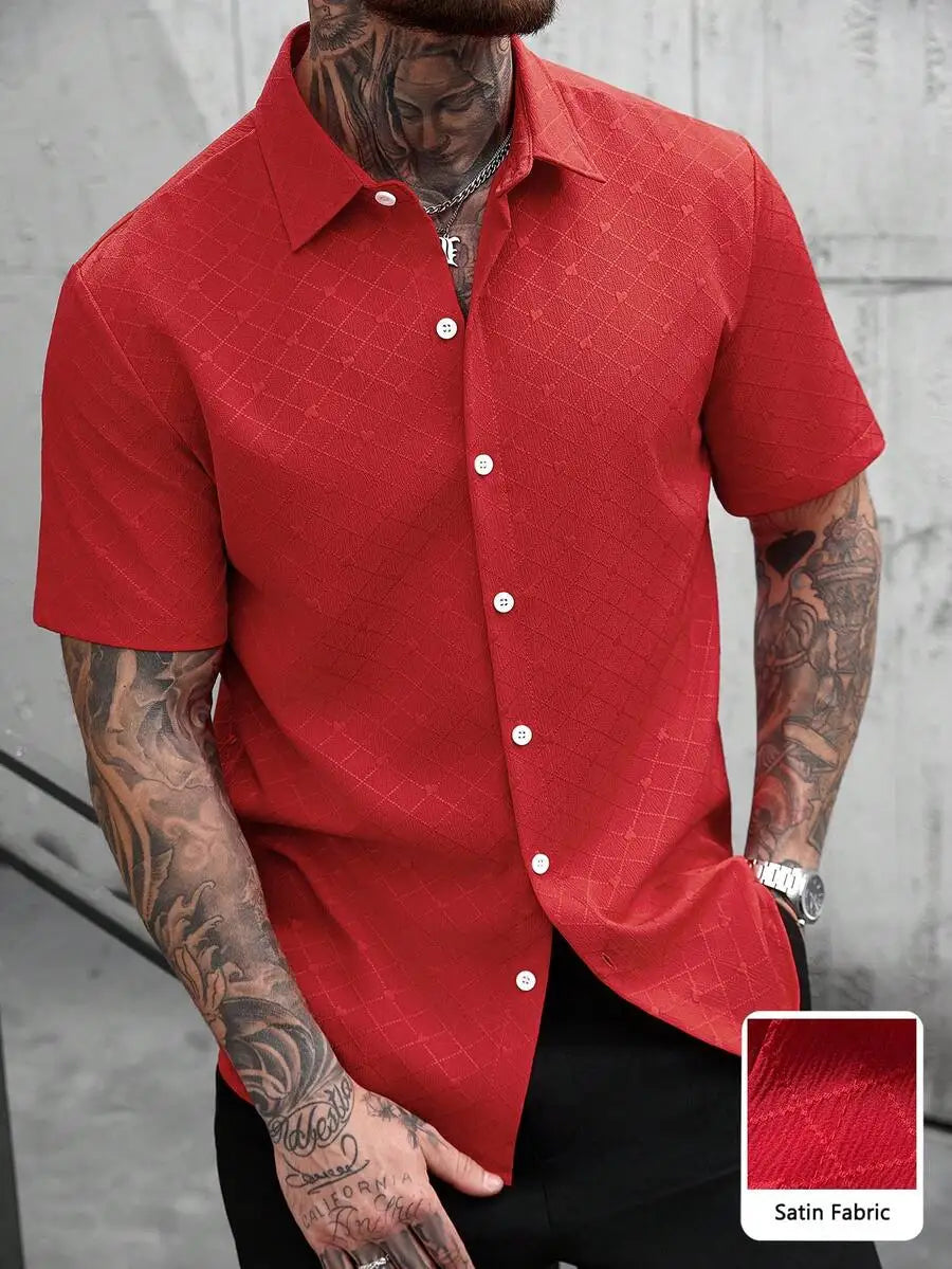 Men's Casual Short Sleeve Shirt with Textured Diamond Pattern, Lightweight Breathable Fabric for Summer Vacation