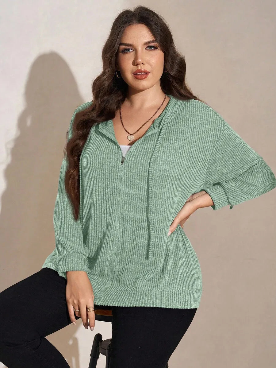 Gray Ribbed Drop Shoulder Zip-Up Hoodie with Drawstring for Spring Fall Casual Wear