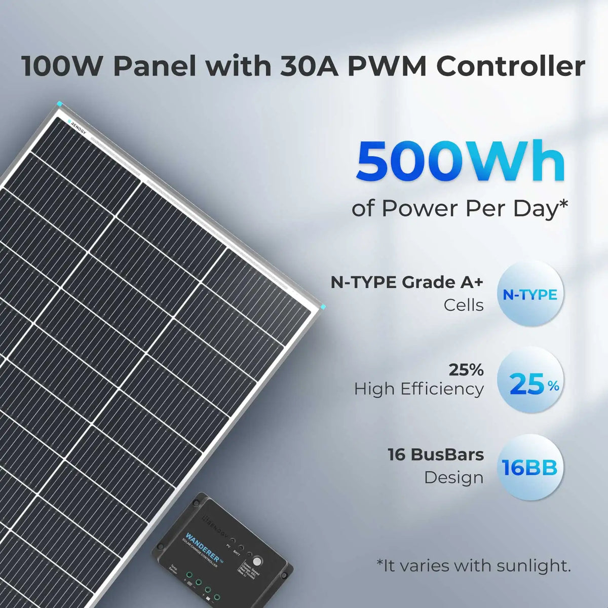 Renogy 100W 12V Monocrystalline Solar Panel Starter Kit with 30A PWM Charge Controller, Expandable to 400W for RV Boat Trailer C