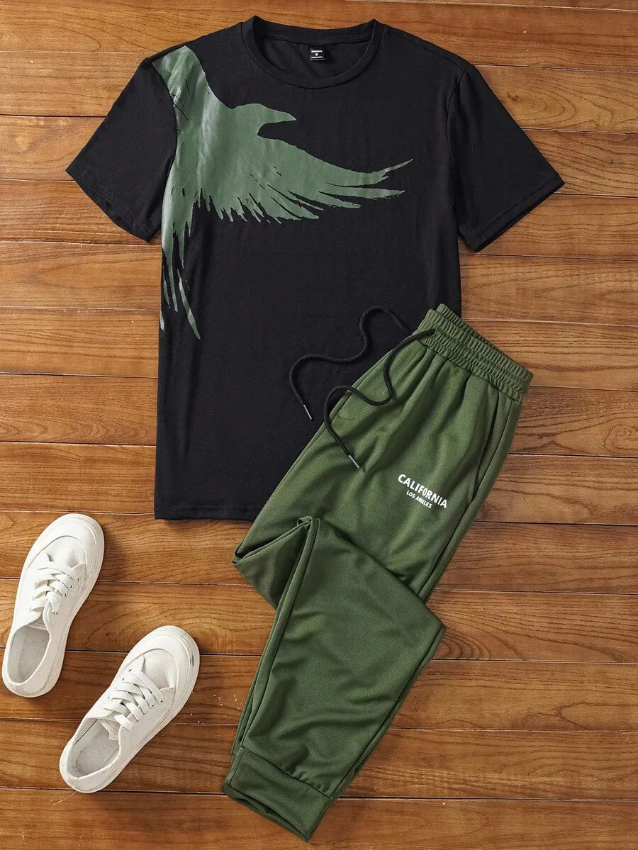 Men's 2-Piece Casual Set: White Short Sleeve Tee with Bird Graphic + Olive Drawstring Joggers