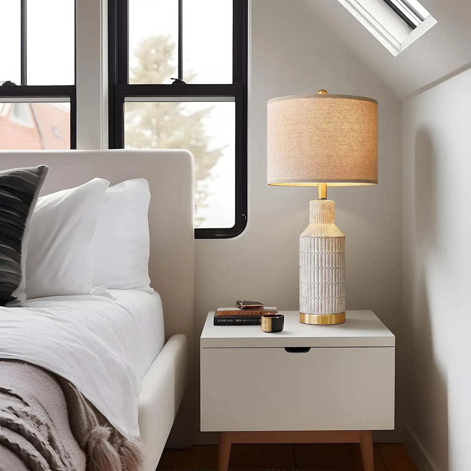 Modern Ceramic Table Lamps Set of 2 - White Washed Finish with Gold Base - 25" Height for Bedroom & Living Room
