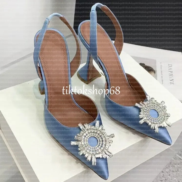 Amina muadii heels designer sandals womens wedding dress shoes satin pointed slingbacks bowtie pumps crystal sunflower flower hi