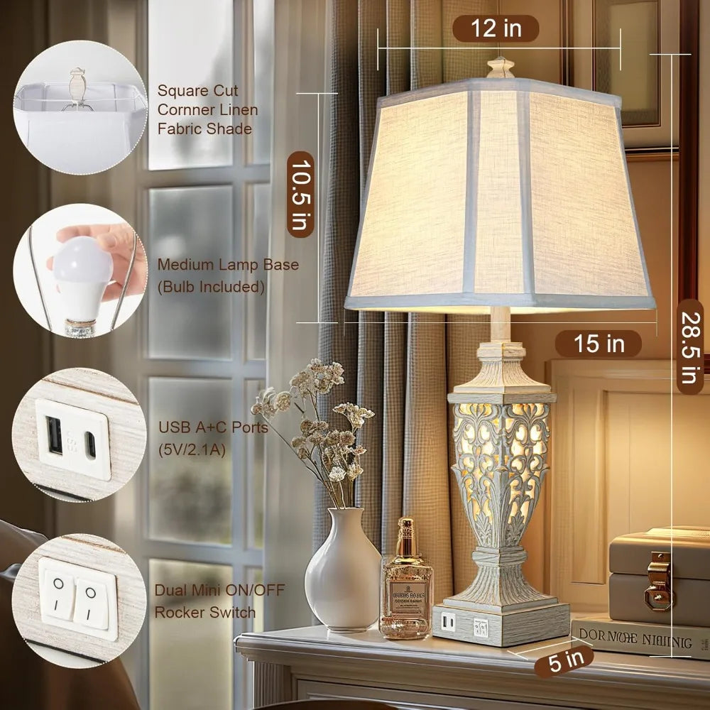 28.5" Table Lamps Set of 2 with Night Light, USB A+C Ports, White Linen Shade for Living Room Bedroom Office (Bulb Included)