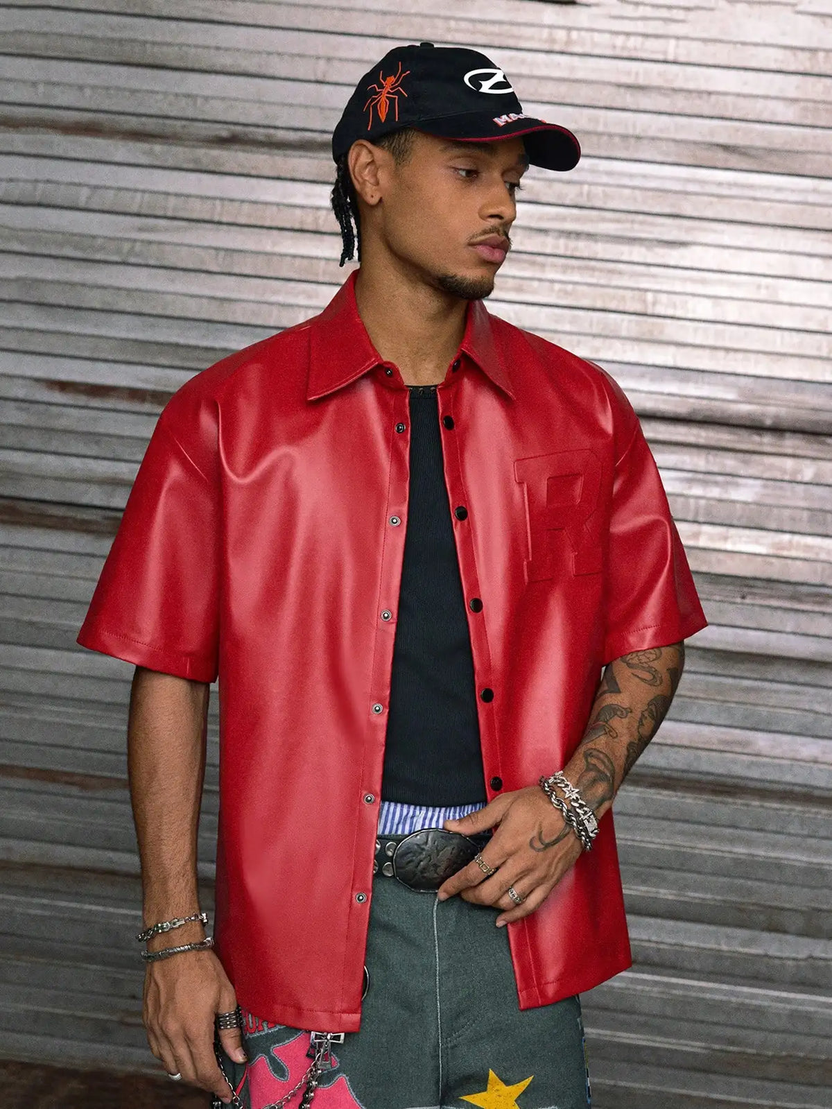 Men's Red PU Leather Short Sleeve Button-Up Shirt with Embossed Letter Design