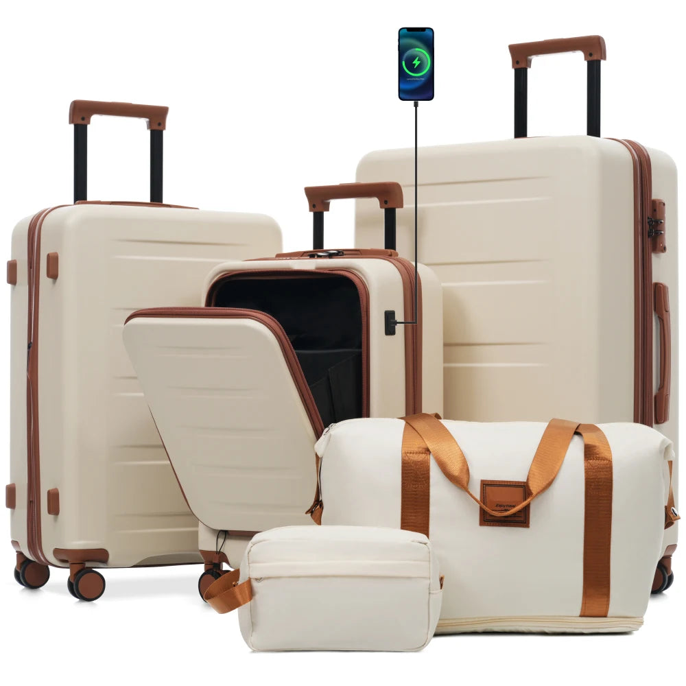 5Pcs Front Opening Hardside Expandable Luggage Set Double Spinner Wheels USB Port TSA Lock 20/24/28"