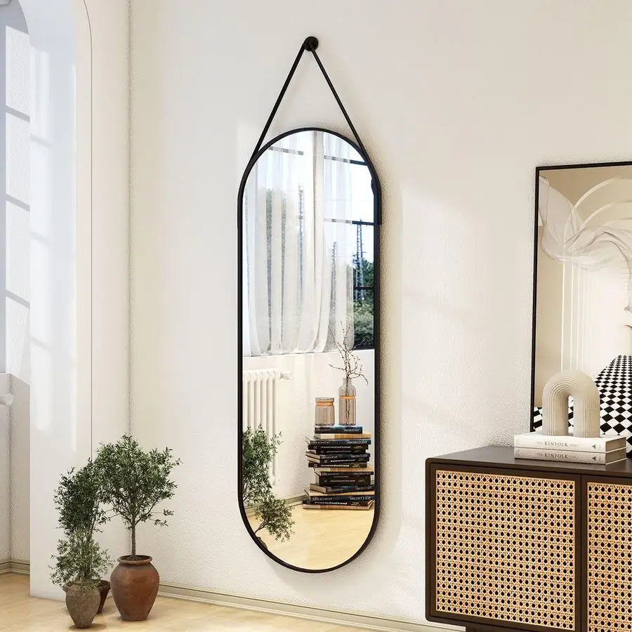 Full Length Mirror, Modern Oval Door Mirror Full Length with Hanging Leather Cord, Wall Mounted Mirror with Hanging Leather Stra