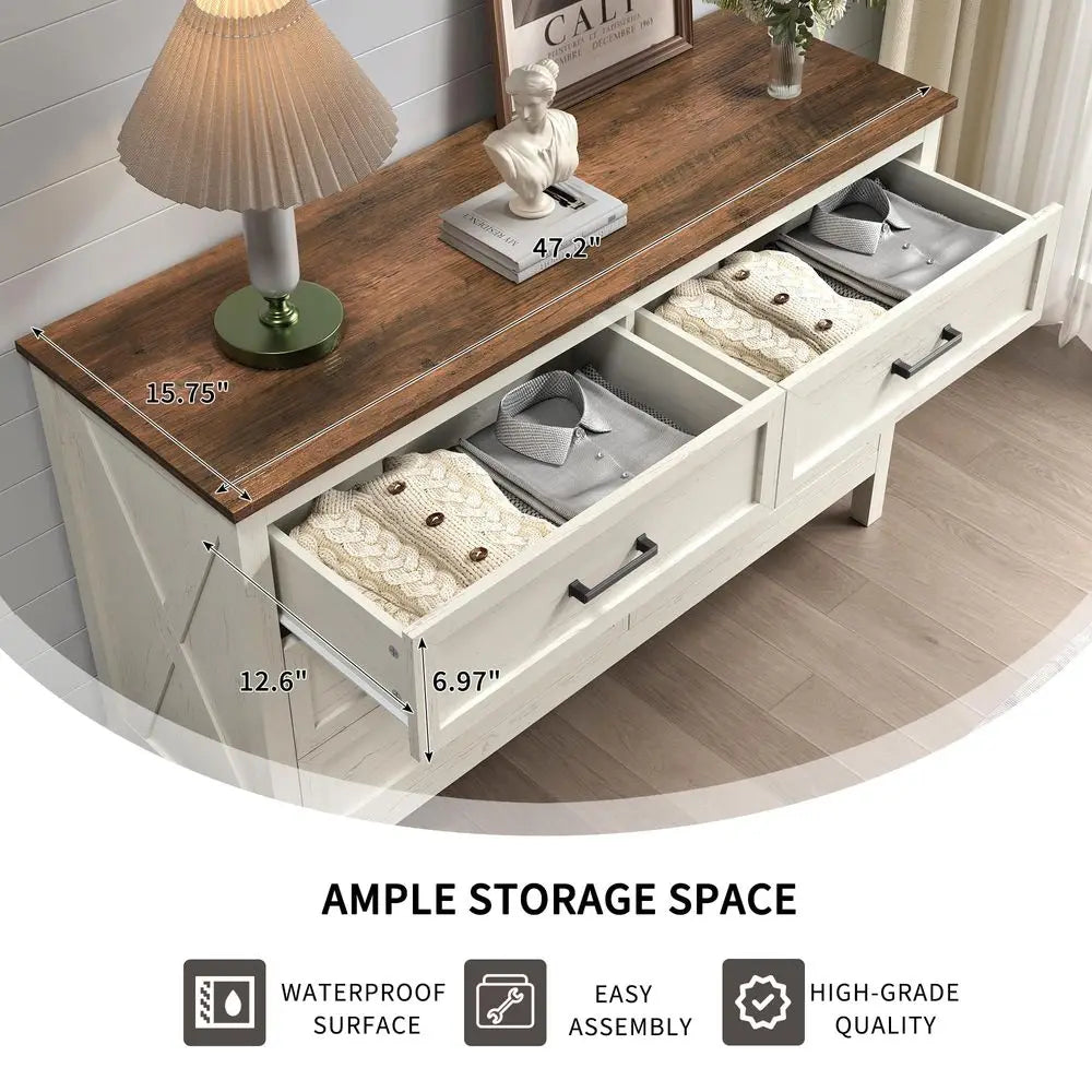 Dresser for Bedroom, 6 Drawers Dresser with Natural Texture, Wood Rustic Wide Chest for Bedroom, Hallway, Entryway, Antique Whit