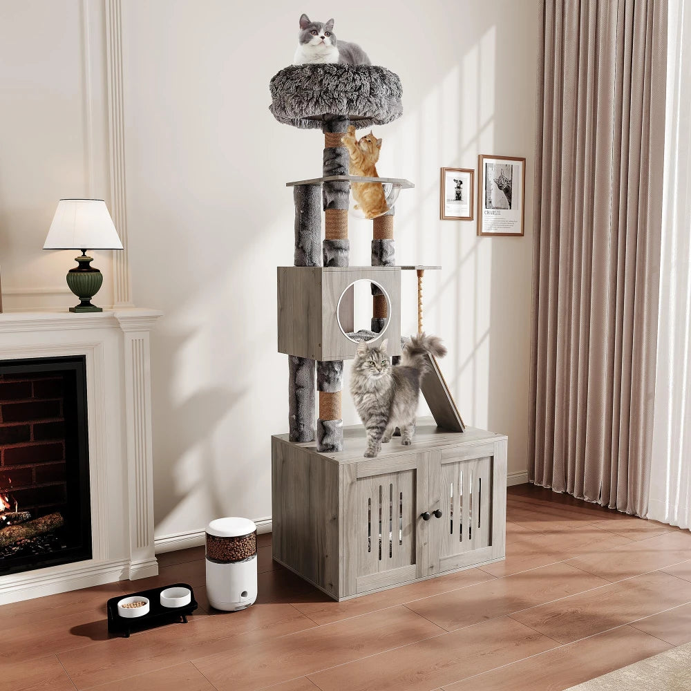 66.9" Cat Tree With Litter Box Enclosure Modern Cat Tower With Storage Cabinet Sisal Scratching Post Multi-Layer Activity Areas