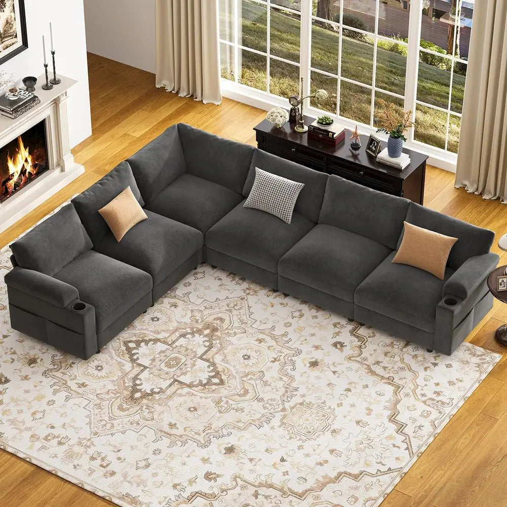 Velvet Grey V-Shaped 6-Seat Sectional Couch with Oversized Cloud-Shaped Sleeper Sofa and Detachable Chaise
