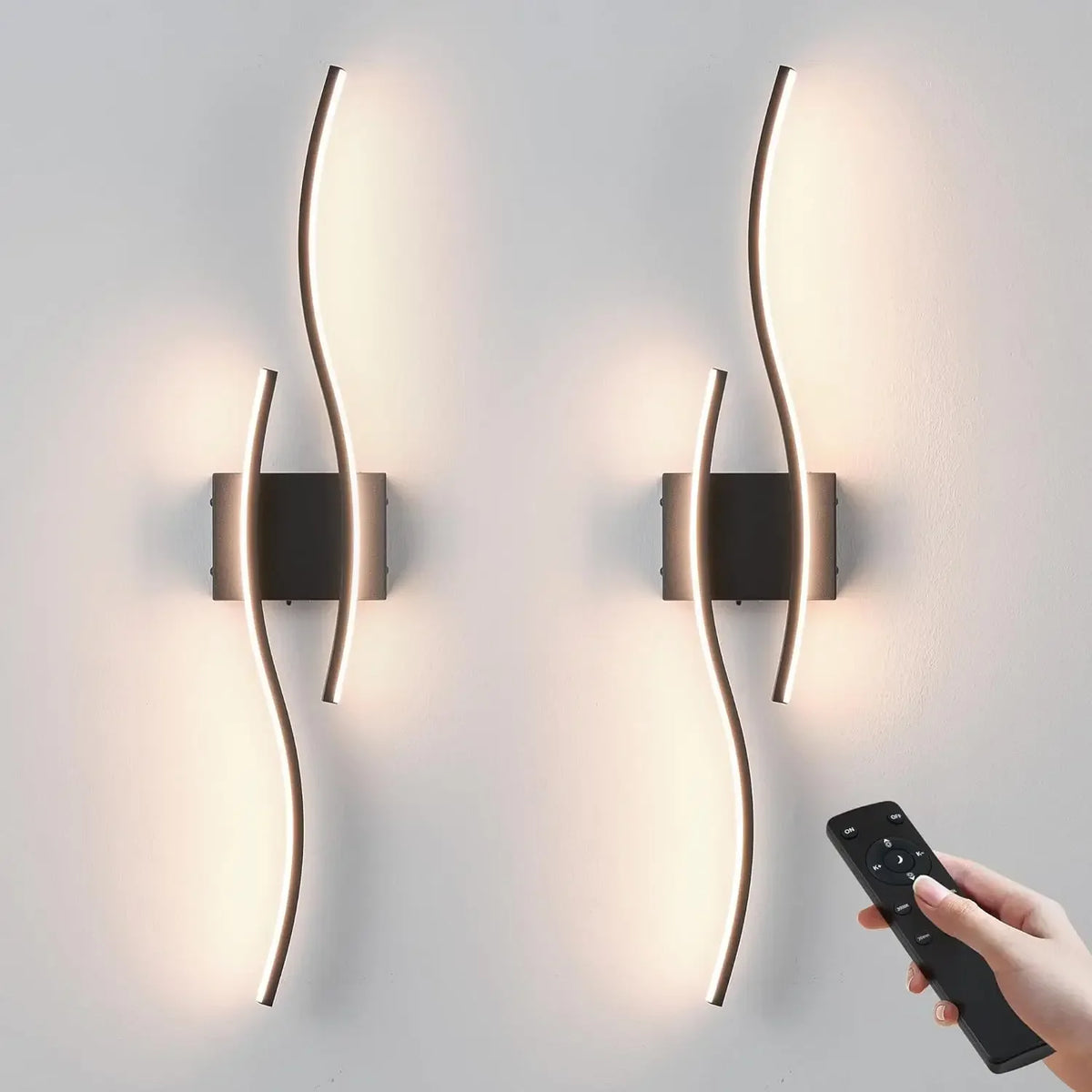 Battery Operated Wall Sconces Set of Two with Remote Control, Dimmable/3 Color/Night-Light/Timer/Memory, Black Modern Wireless L