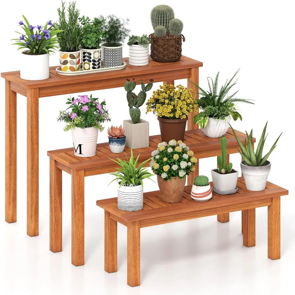 Wooden Plant Stand Set of 3, Outdoor Indoor Solid Wood Flower Pot Holder Display Shelf w/ Teak Oil Finish, Slatted Top, Rustic