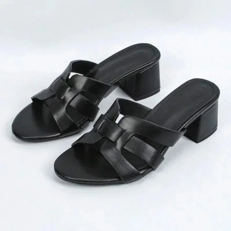 High end Womens Slippers Flat Shoes Trend Fashion Real Leather Female Slippers Woven High-heeled Thick Heels T41 250317