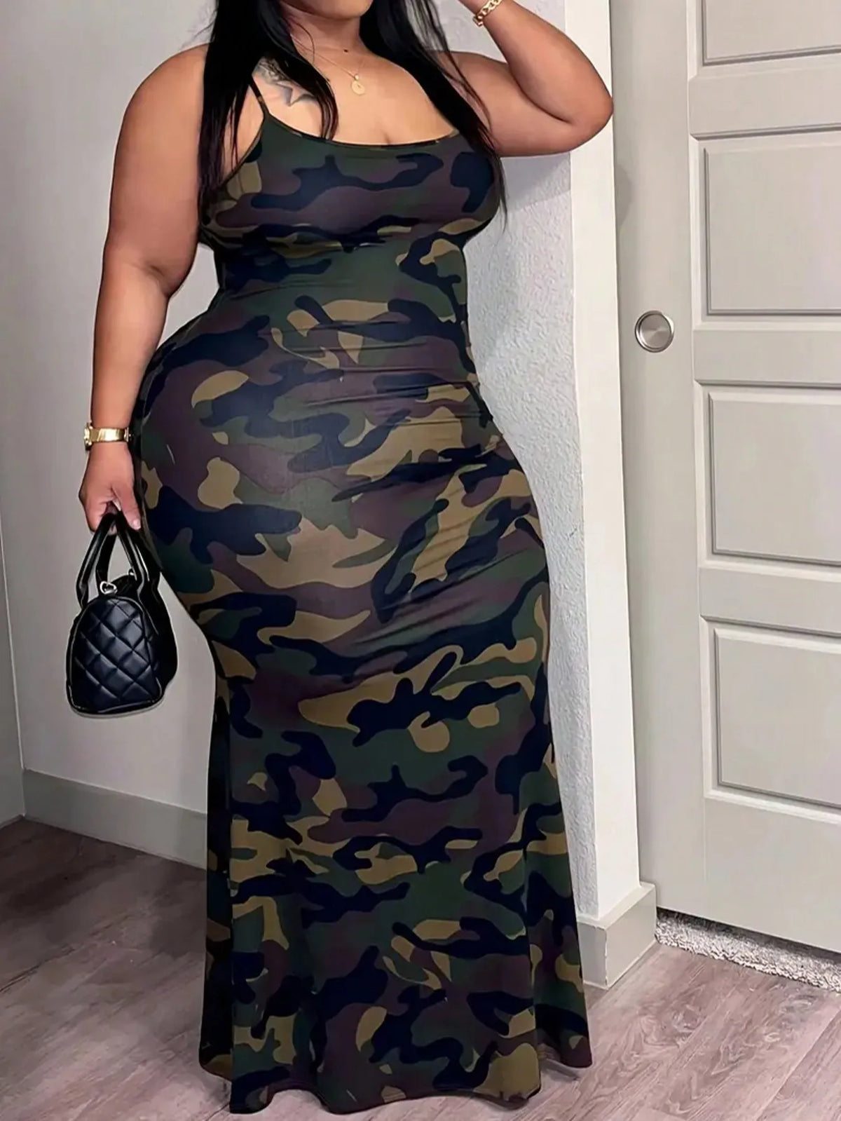 Plus Size Fitted Camouflage Print Slip Dress for Women