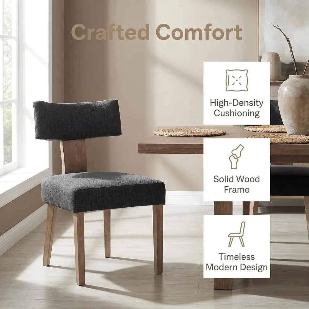 Linen Upholstered Dining Chairs Set of 6, Curved Backrest Kitchen Chairs with Hardwood Legs, Charcoal