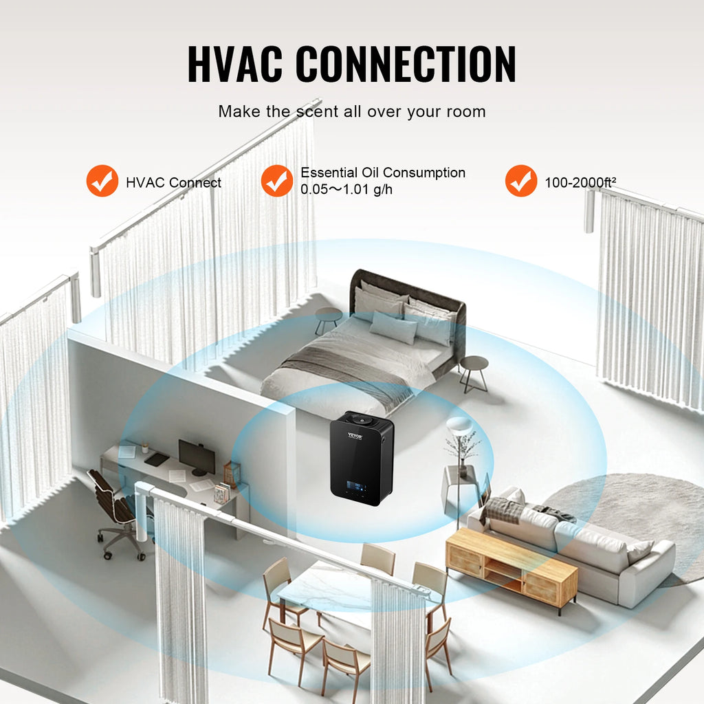VEVOR Scent Air Machine 180/480/850ml Bluetooth Smart Essential Oil Diffuser Waterless HVAC for Home Office, Hotel