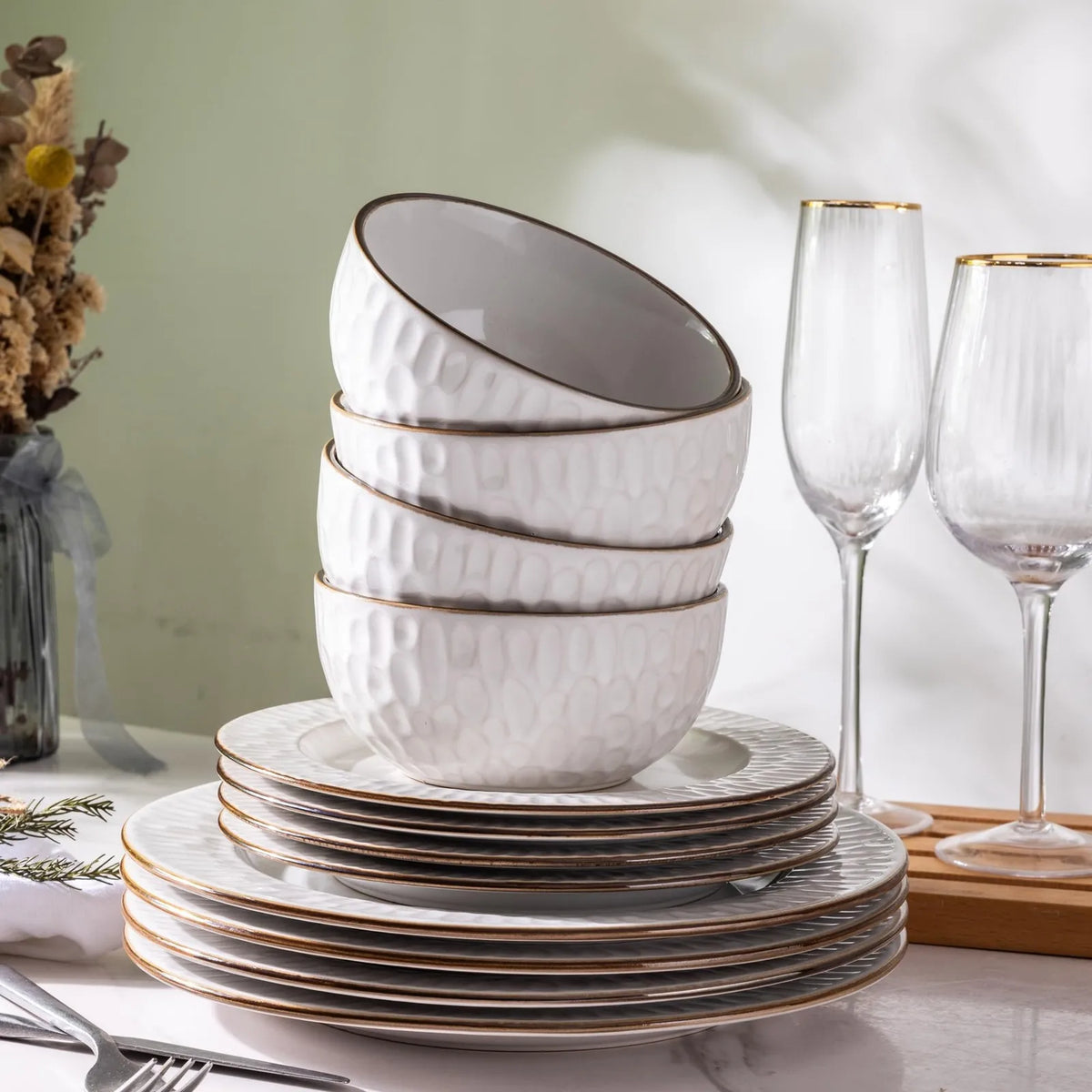 Ceramic Tableware Set12 Piece Elegant Embossed Ceramic Dinnerware Set with Plates and Bowls for Modern Tabletop Styling