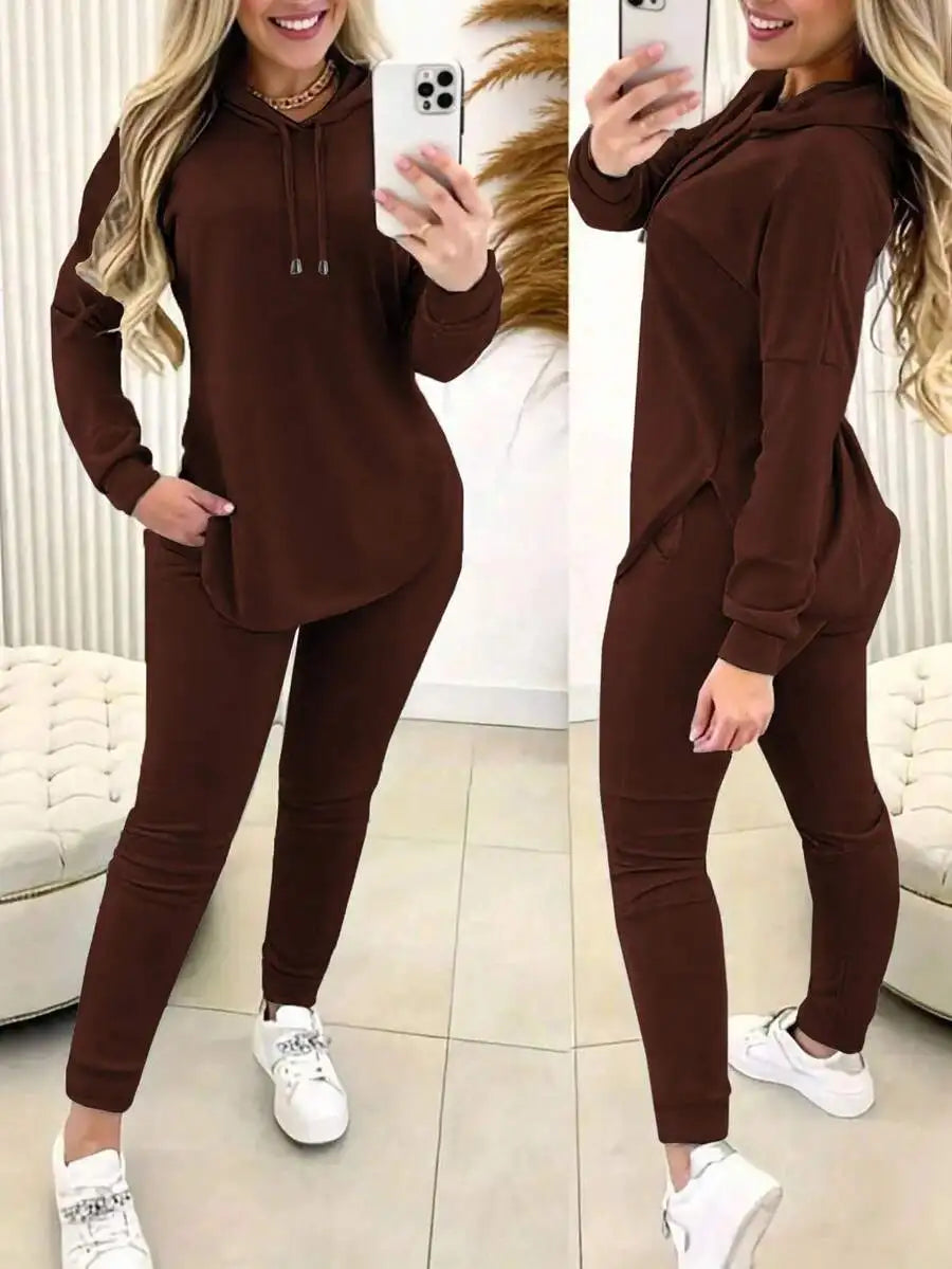 Gray 2-Piece Hooded Lounge Set with Drawstring Waist, Loose Fit Long Sleeve Top & Joggers