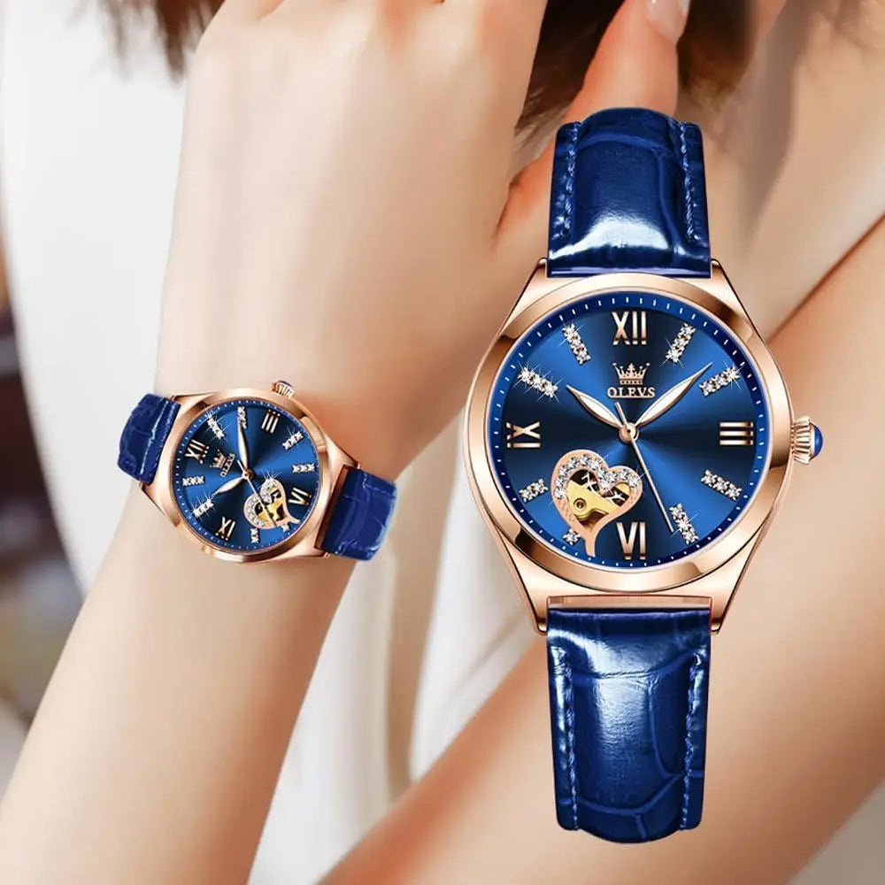 OLEVS Watches or Women Automatic Ladies Watch Mechanical Leather Strap Sel-Winding Diamond dial Waterproo