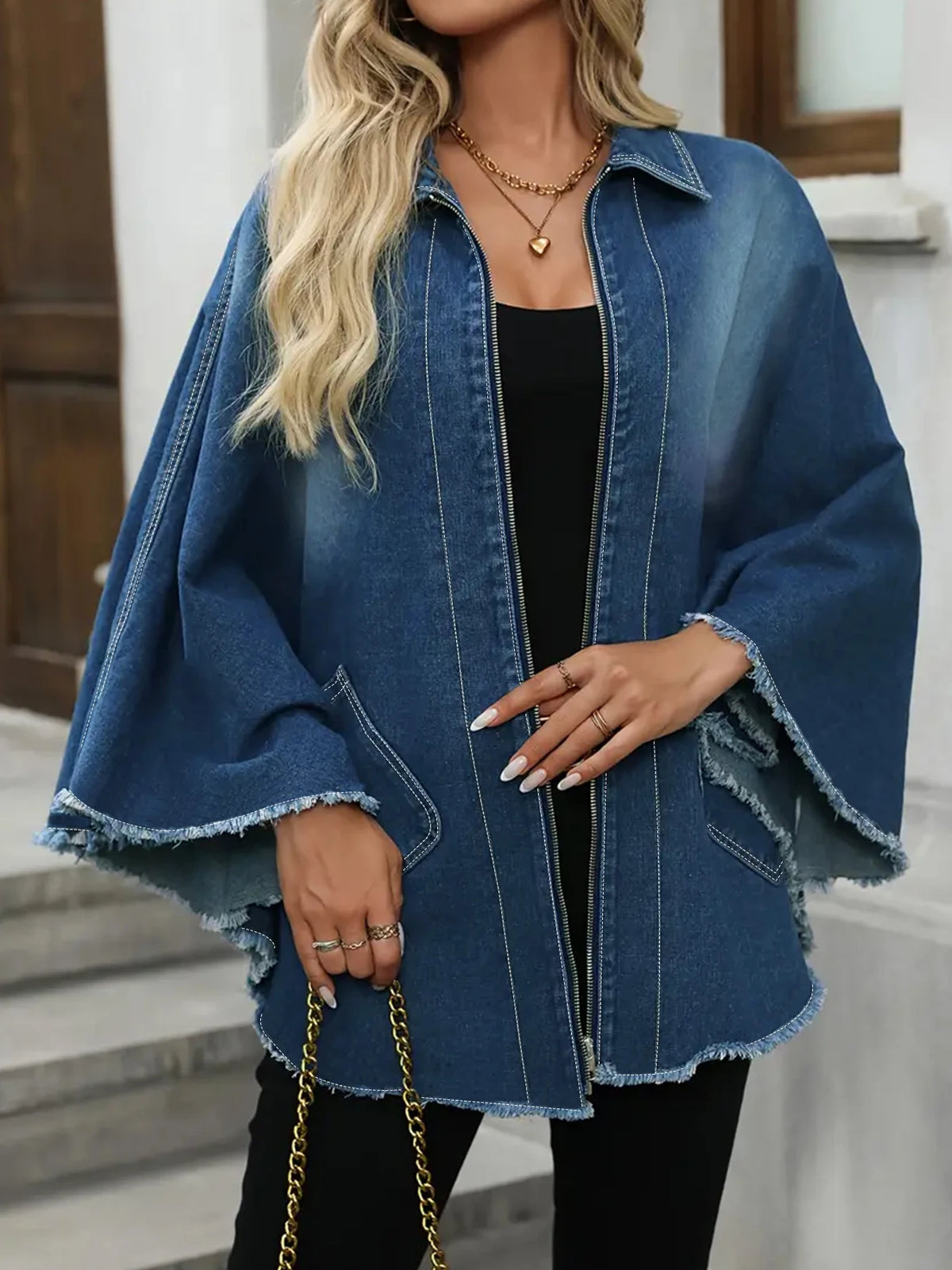Plus Size Women's Denim Jacket Loose Fit with Frayed Hem And Cloak Design Casual Comfortable plus Size Women's Jeans Jacket