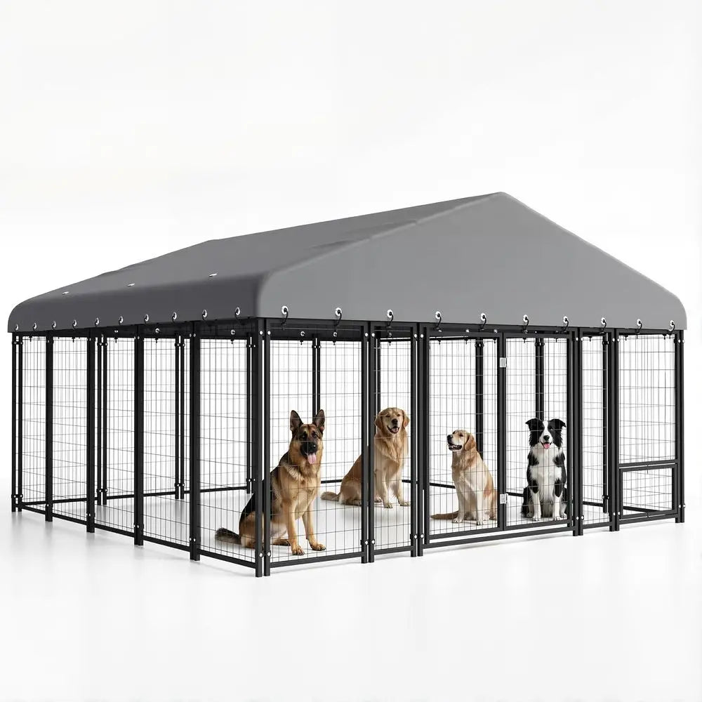 Large Outdoor Dog Kennel - 10x10 Heavy Duty Galvanized Steel Enclosure with Roof & Double Lock