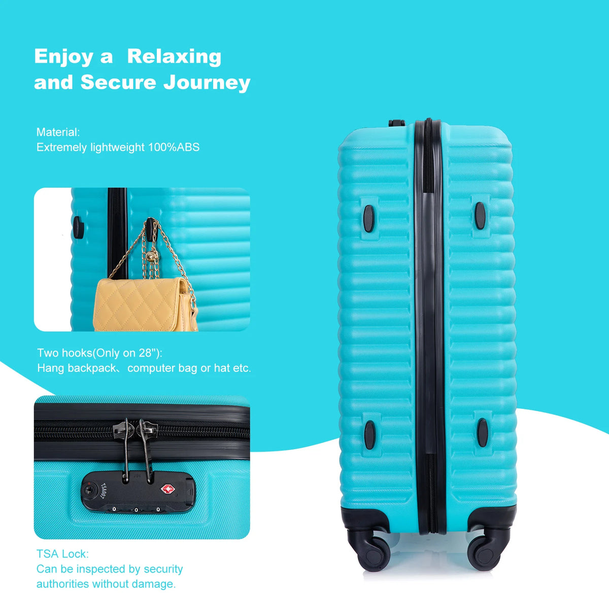3 Piece Luggage Sets ABS Lightweight Suitcase with Two Hooks, Spinner Wheels, TSA Lock, (20/24/28) Turquoise  luggage travel bag