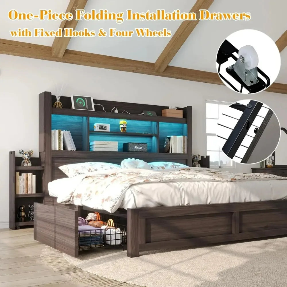 Queen Bed Frame with 49.6" Bookcase Headboard & 2 Bedside Stoage Racks & 4 Drawers, Farmhouse Wood Bed Frame