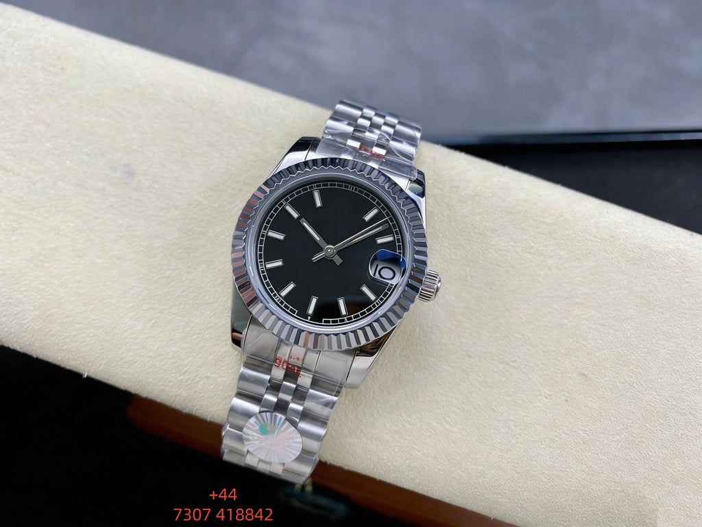 Customized luxury women's watch, featuring a 31mm dial, stainless steel strap, and fully automatic mechanical movement