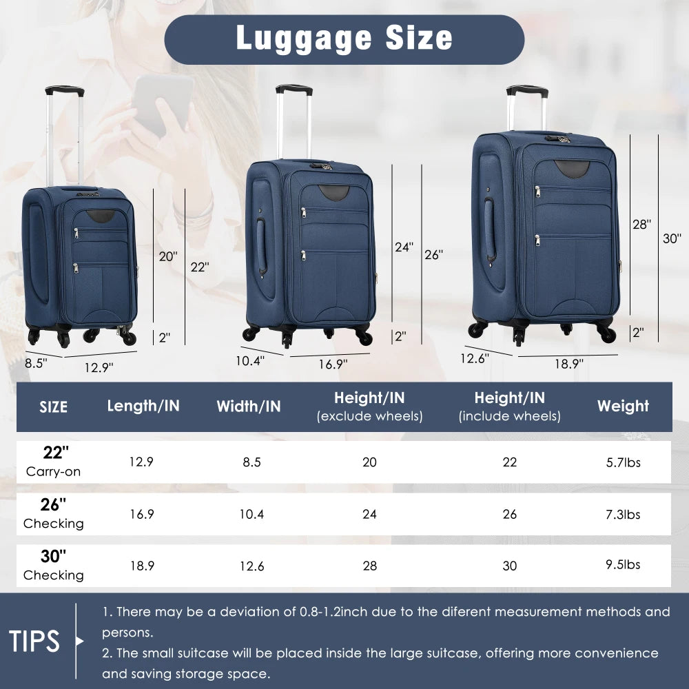 Softside Expandable 3pcs Luggage Set 22/26/30 Inch Duffel Bag Upright Spinner Wheels Lightweight Softshell Travel Luggage Set