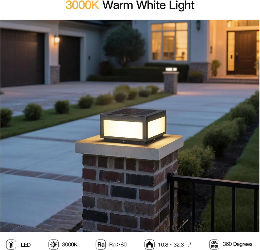 Solar Post Lights Outdoor, Waterproof LED Pillar Lights for Deck Patio Pool, Modern Square Lantern with 3000K Warm Glow