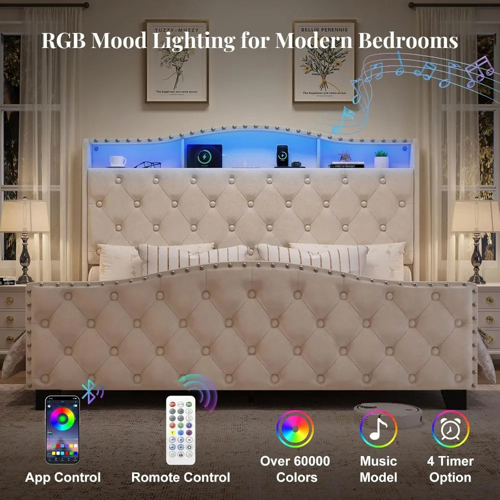 Queen Size Bed Frame and Headboard, 50.9" Velvet Upholstered Wingback Bedframe with LED Lights & Storage/Charging Station