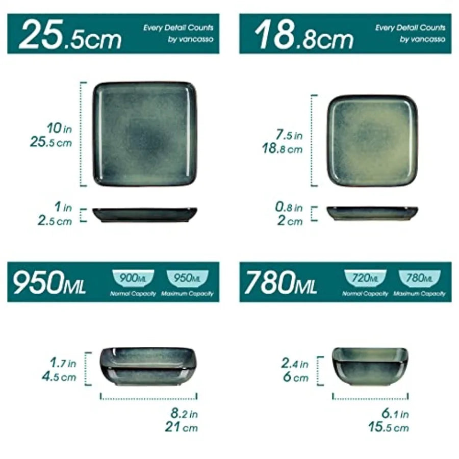 Stern Green Dinner Set- Square Reactive Glaze Dish Set- 16 Pieces Kitchen Dinnerware Stoneware Crockery with Dinner Plate Desse