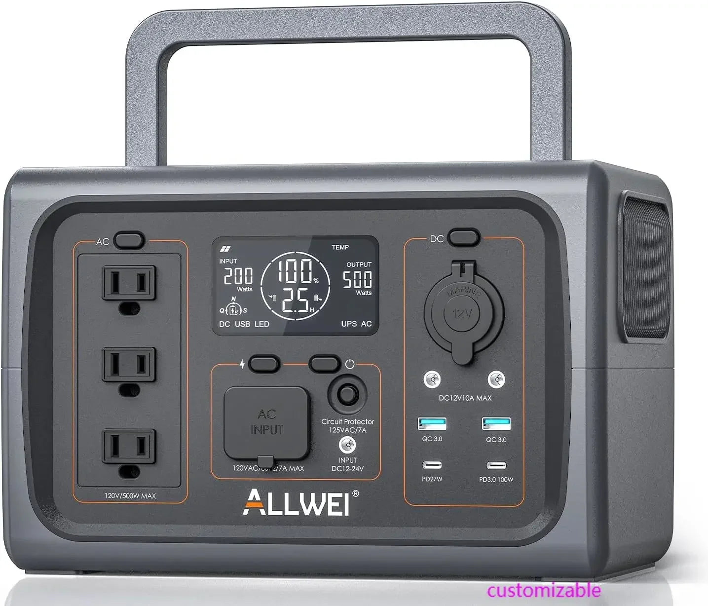 Portable Power Station 500W(Surge 1000W), 512Wh LiFePO4 Battery, Solar Generator Fast Charge, UPS Mode, 3 110V AC Outlets