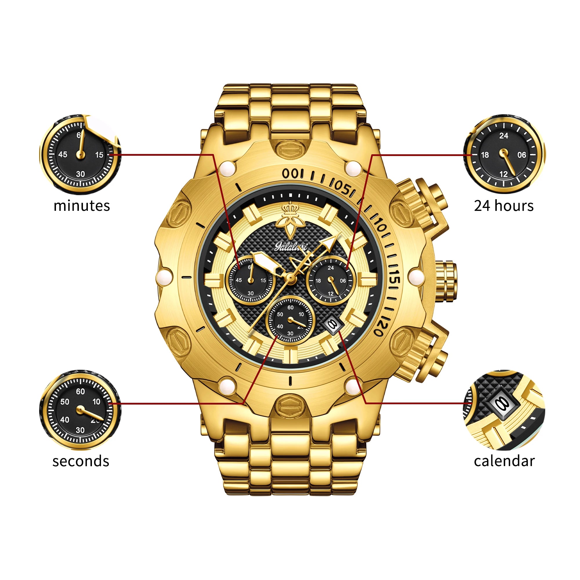 YaLaLuSi Men's Multifunctional Luxury Watch Gold Strap with Atmospheric Dial Fashionable and Practical Gift box