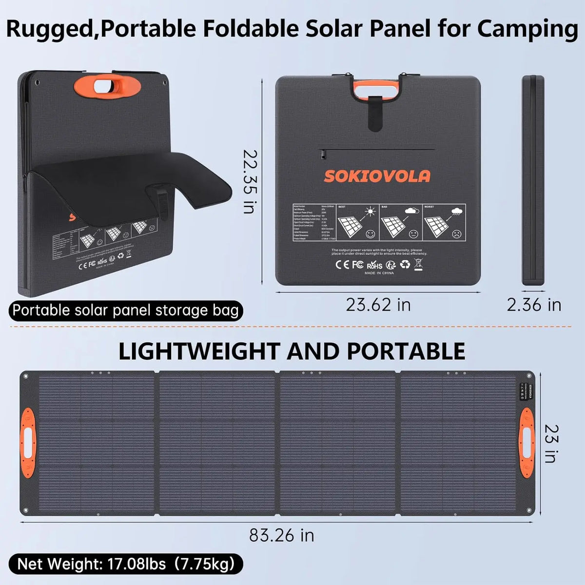220W Portable Solar Panel, IP68 Waterproof Foldable for Power Stations, 25% High Efficiency Outdoor Camping RV Trip
