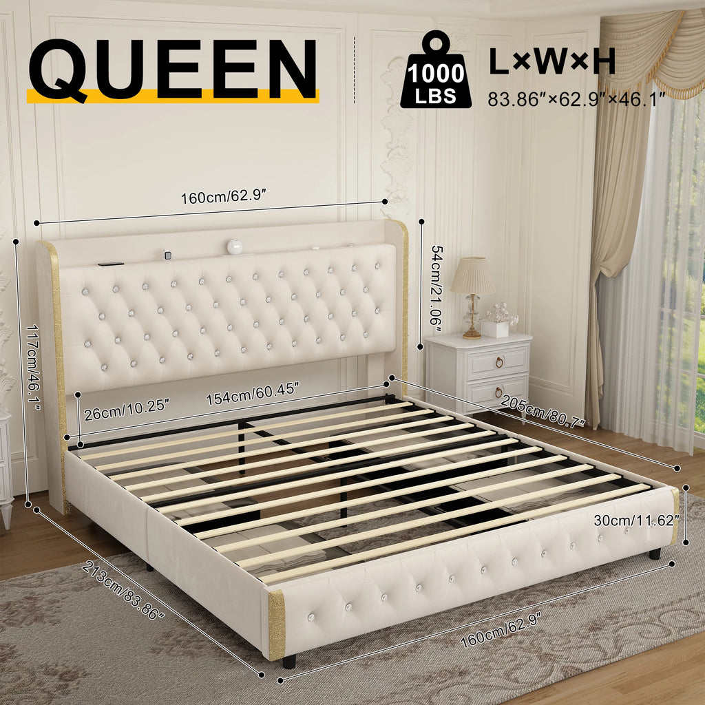 Queen Platform Bed Frame with LED Lights, Galaxy Projector, Wingback Headboard, 4 Storage Drawers, USB Ports, No Box Spring