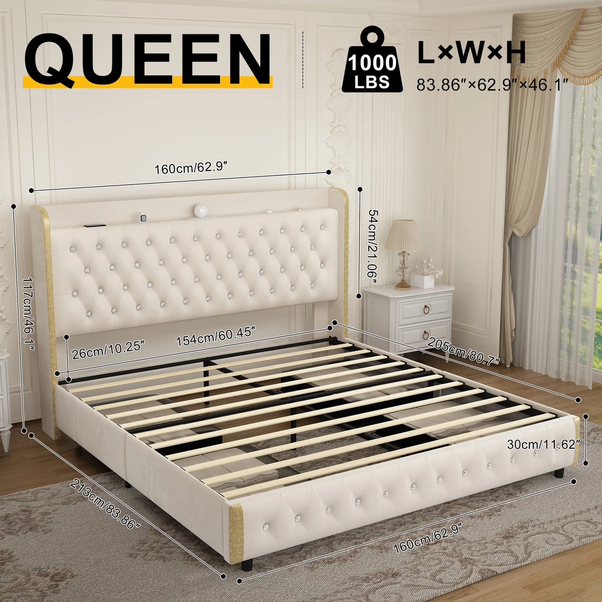 Queen Platform Bed Frame with LED Lights, Galaxy Projector, Wingback Headboard, 4 Storage Drawers, USB Ports, No Box Spring