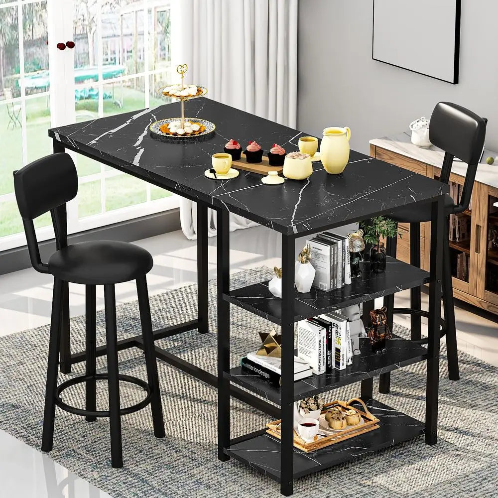 Dining Table Set for 2, Bar Table and Chairs Set with 3 Storage Shelves, Tall Dining with 2 PU Leather Backrest Stools for Small